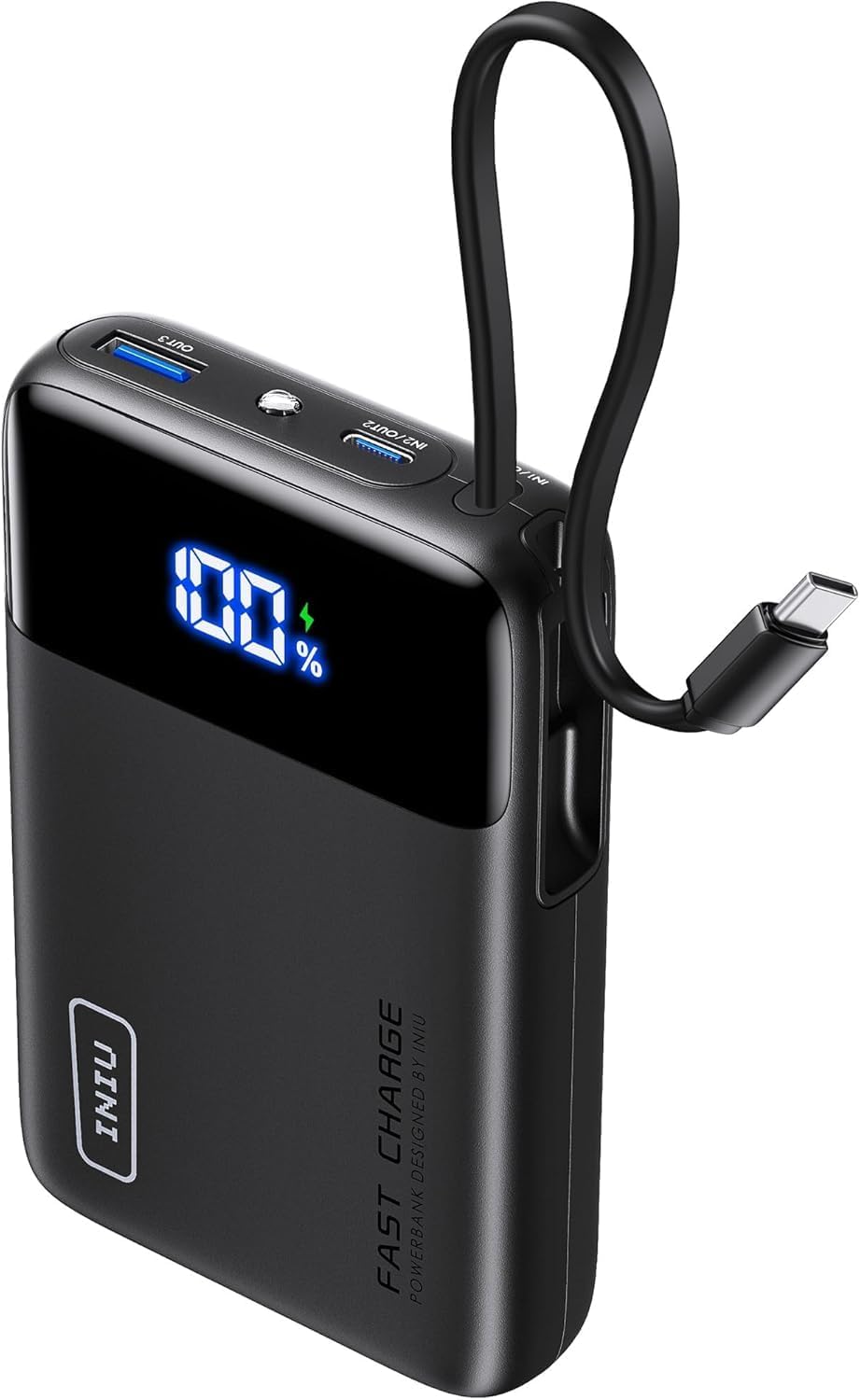 INIU P51L-E1 45W tragbares Ladegerät, kleinste 20000mAh Powerbank mit eingebautem USB-C-Kabel, Schnelllade-USB-C-In&Out-Akkupack