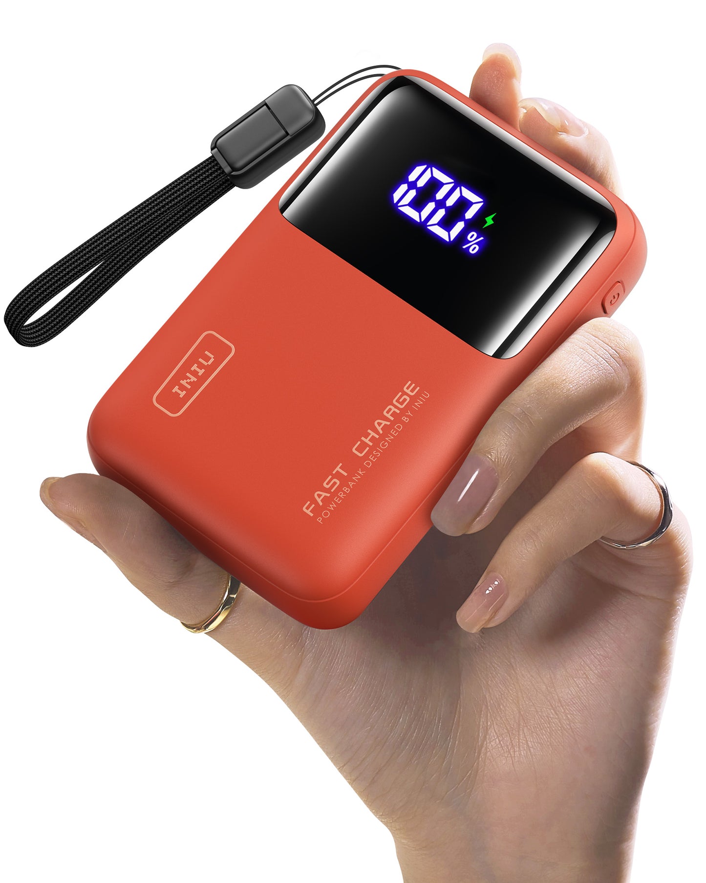 Red INIU 20000mAh power bank with 100% charge display, held for portability. Black Friday power bank sale.