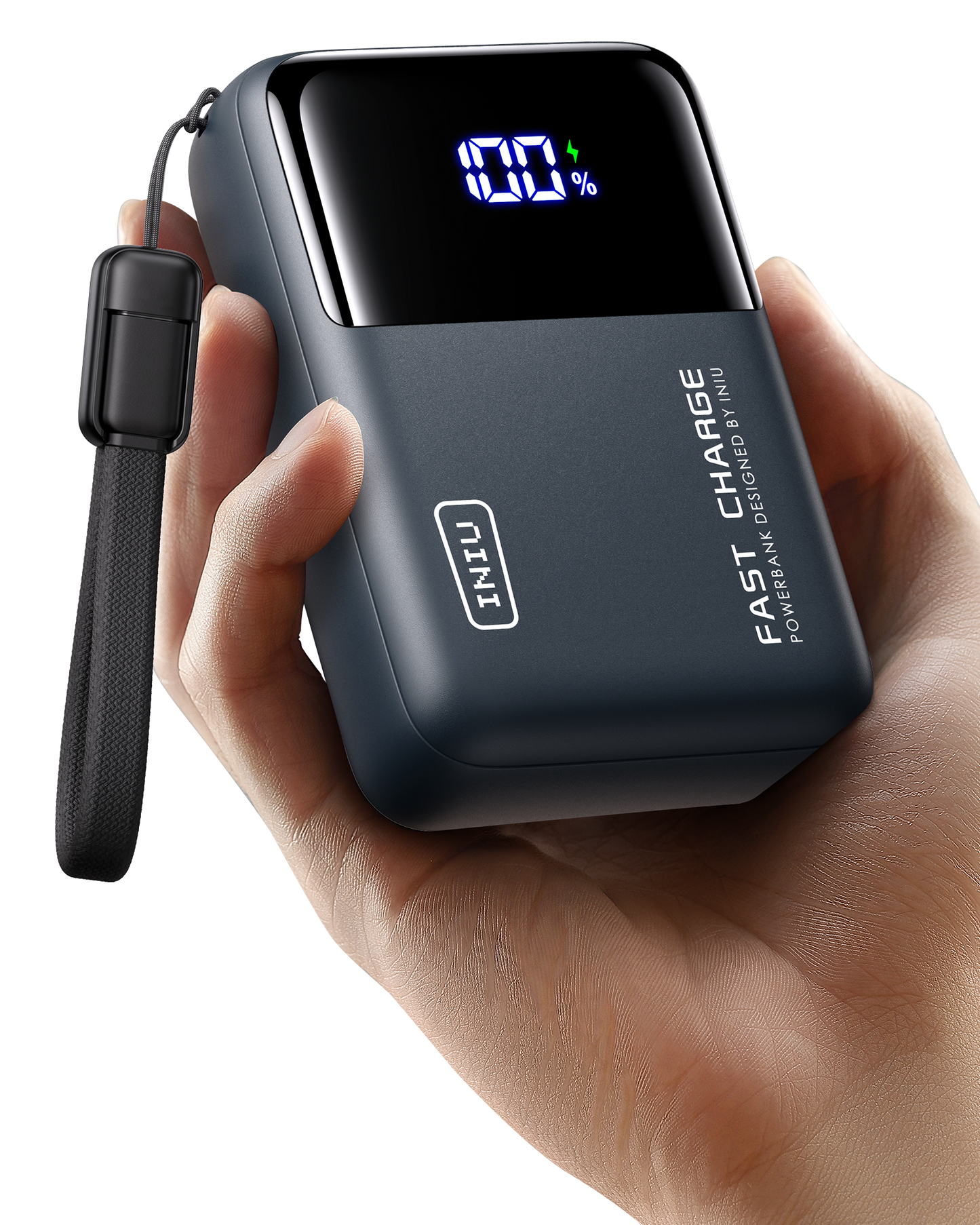 Compact INIU 100W 25000mAh power bank, 100% charged on display, held in hand. Black Friday deals for tech gifts for men.