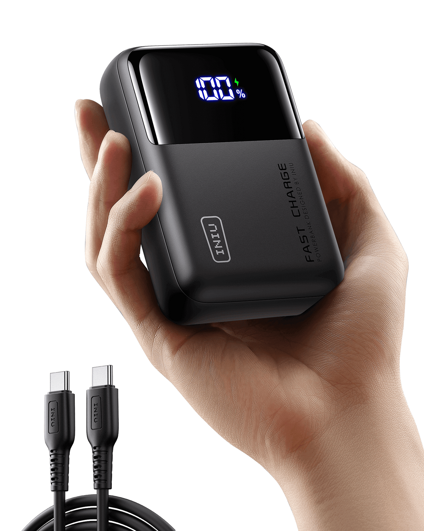 INIU P63-E1 Power Bank in hand, black charger with LED display and USB-C cable, Fast Charge