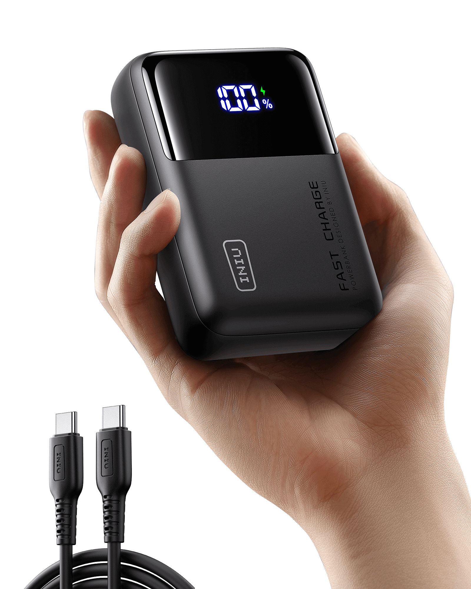 INIU P63-E1 Power Bank in hand, black charger with LED display and USB-C cable, Fast Charge