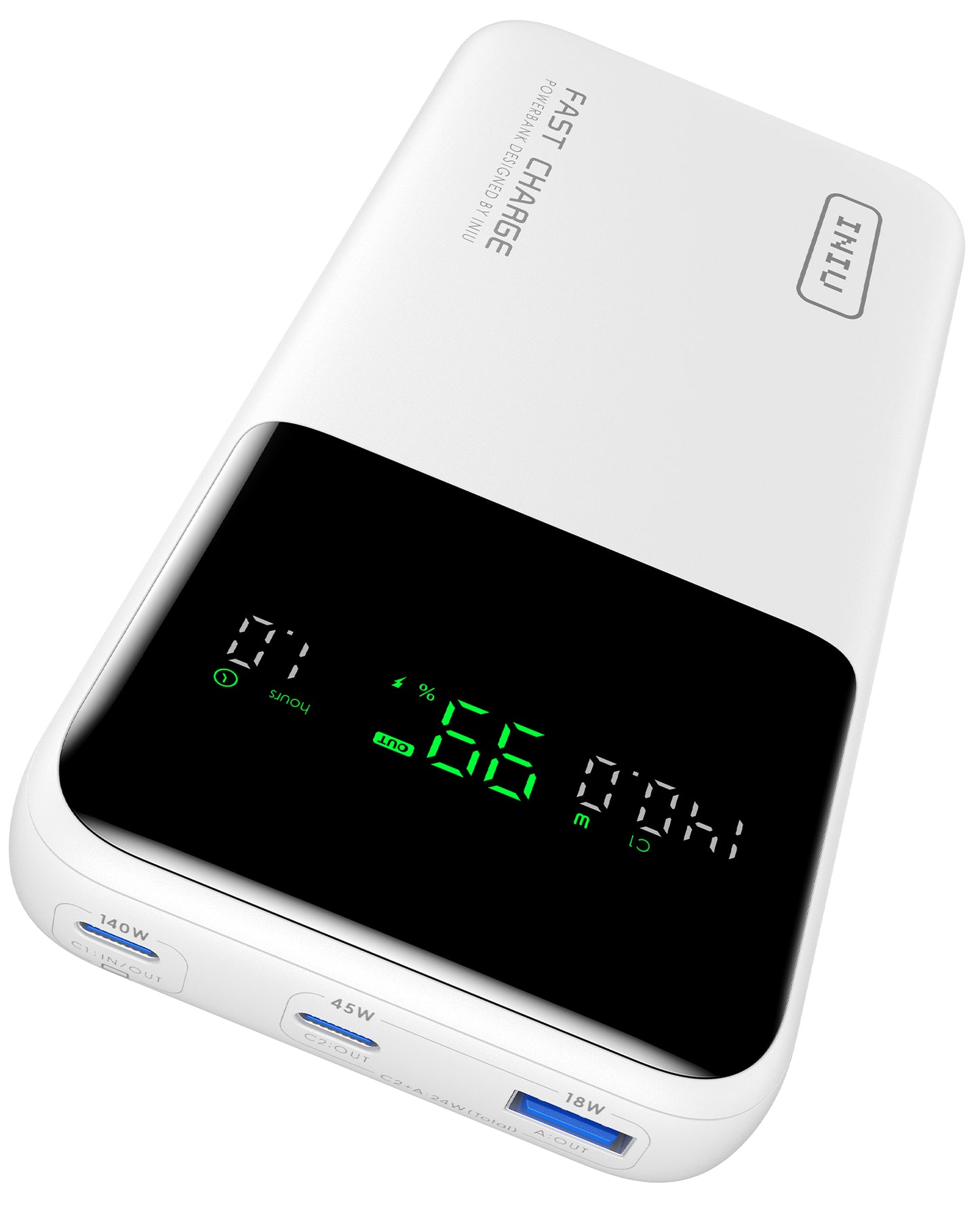 INIU 140W power bank digital display shows 99% battery. Black Friday tech gifts for men, power banks for phones on sale.
