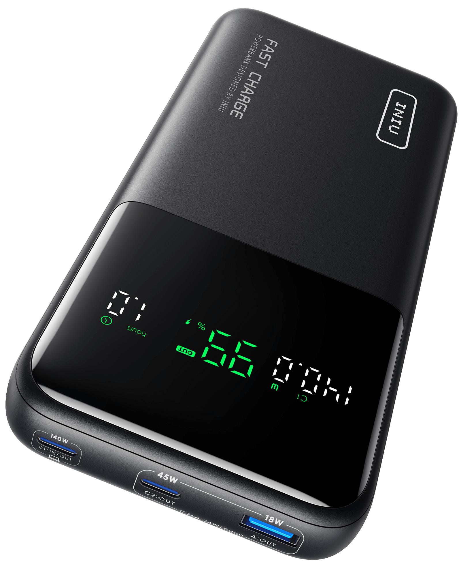 INIU Cougar P64-E1 Power Bank, Fast charging power bank with digital display showing battery level, and various output ports.