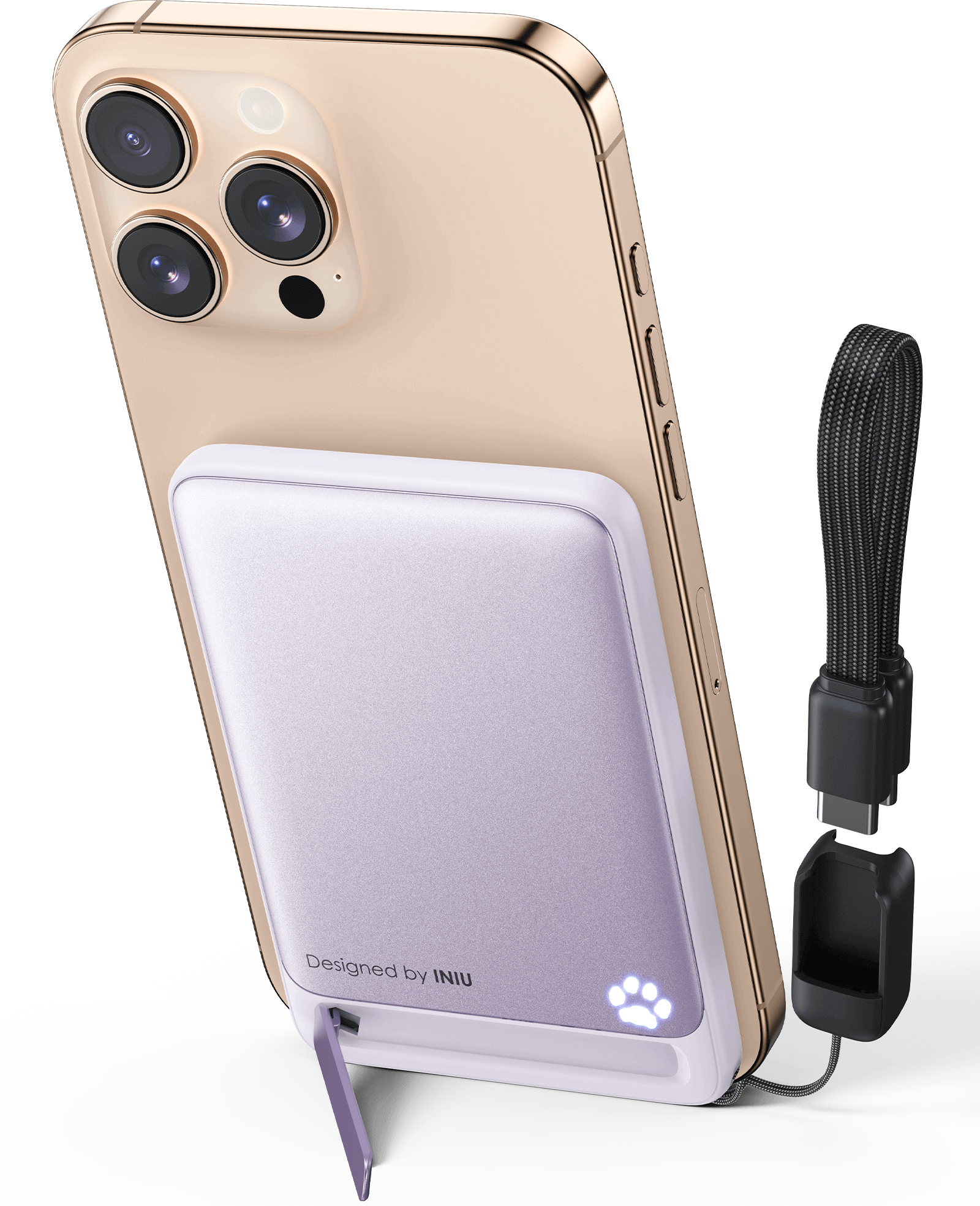 INIU SnapGo P71-E1: Purple magnetic power bank with iPhone, foldable stand, and USB-C cable. Designed by INIU.