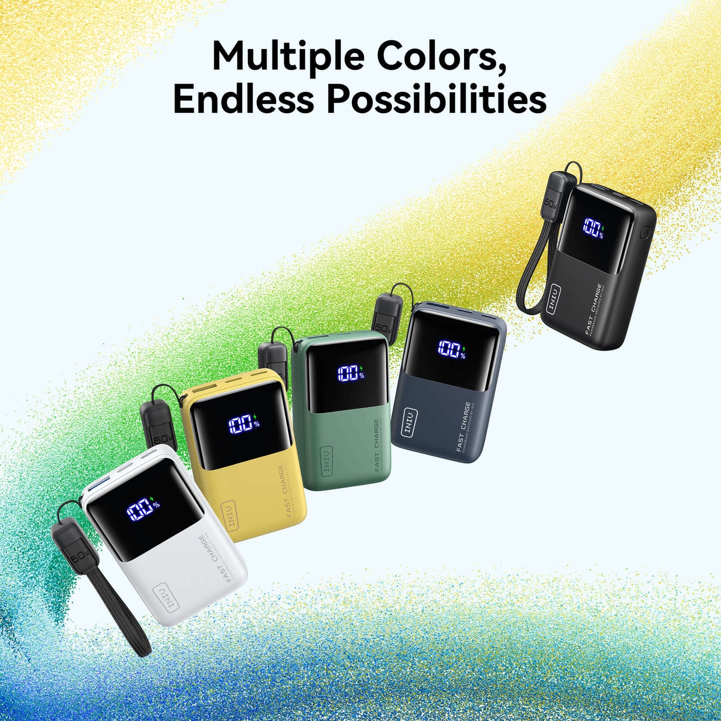INIU Carry P50-E1 Power Bank: Multiple colors, fast charging, digital display.