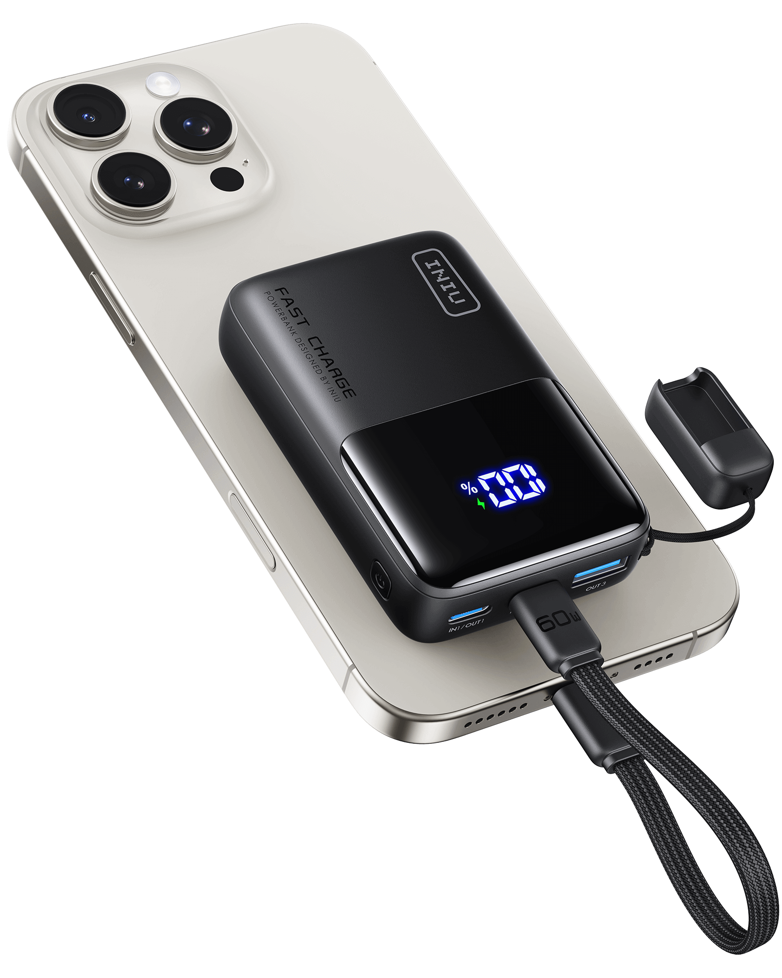 INIU P50-E1 Power Bank charging iPhone, Fast Charge, 60W output, black, compact design