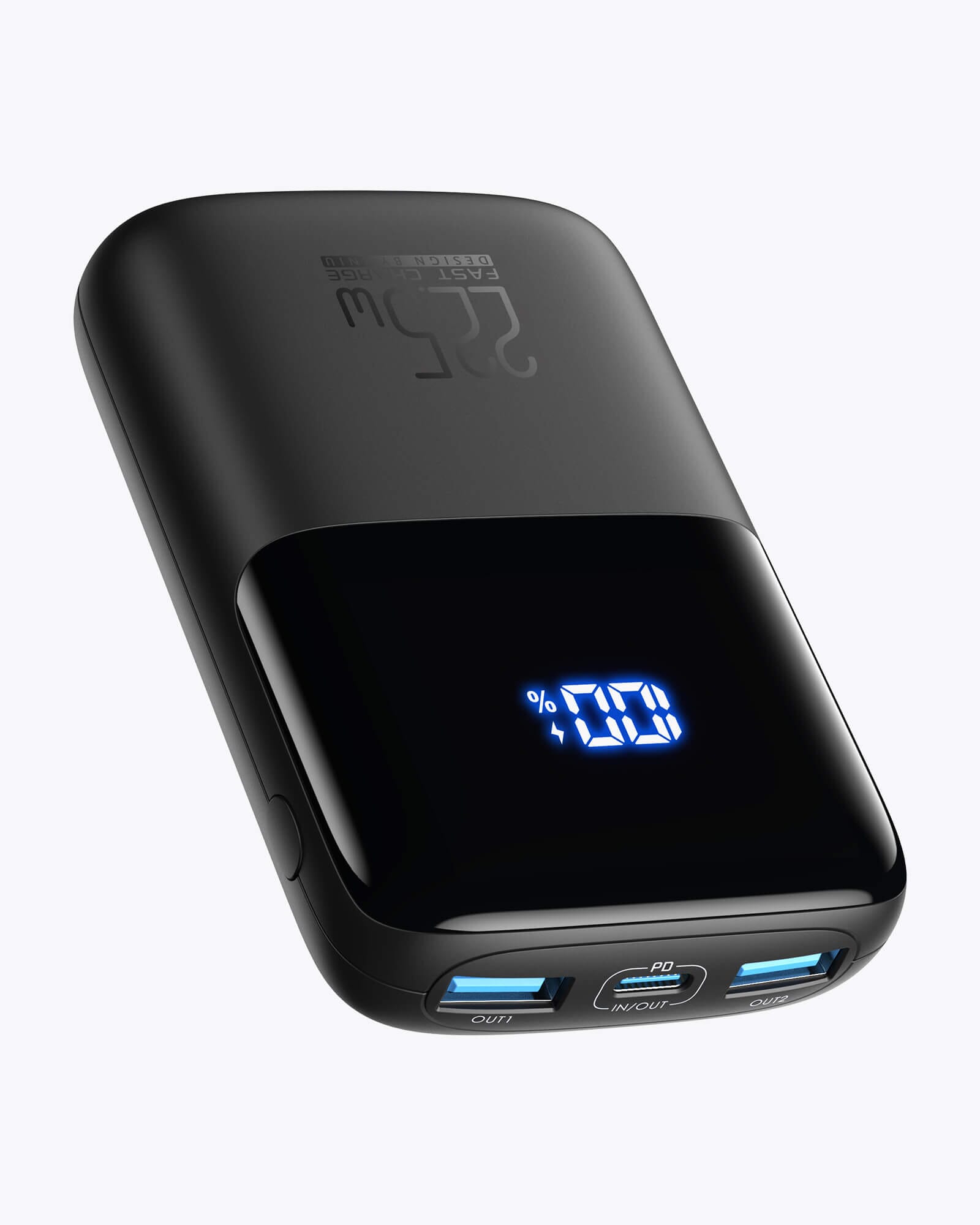 INIU B61 power bank, black, with digital display showing 100% charge and USB ports. 22.5W Fast Charge.