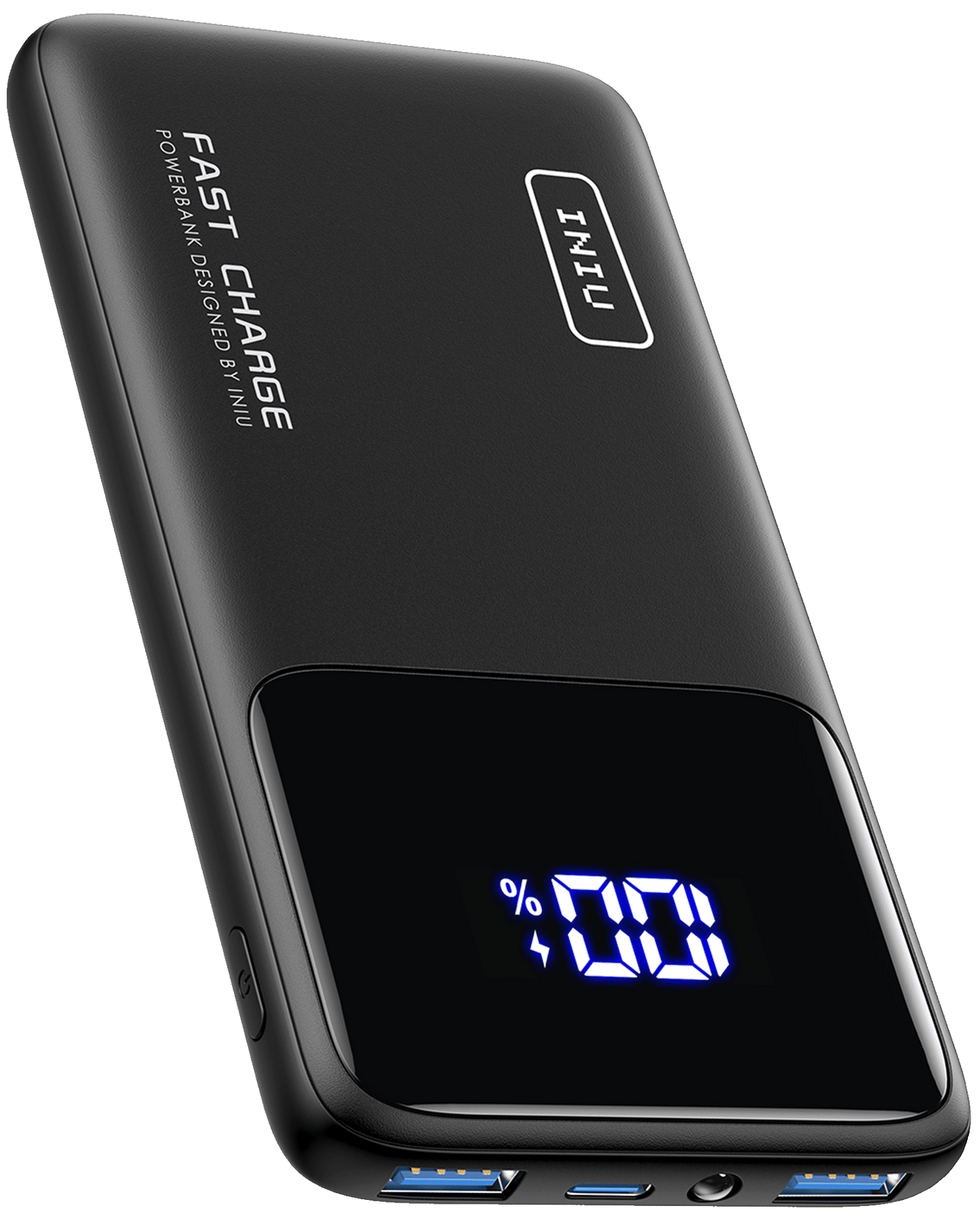 INIU B6 Power Bank - Black power bank with digital display showing charge level and "Fast Charge" text.