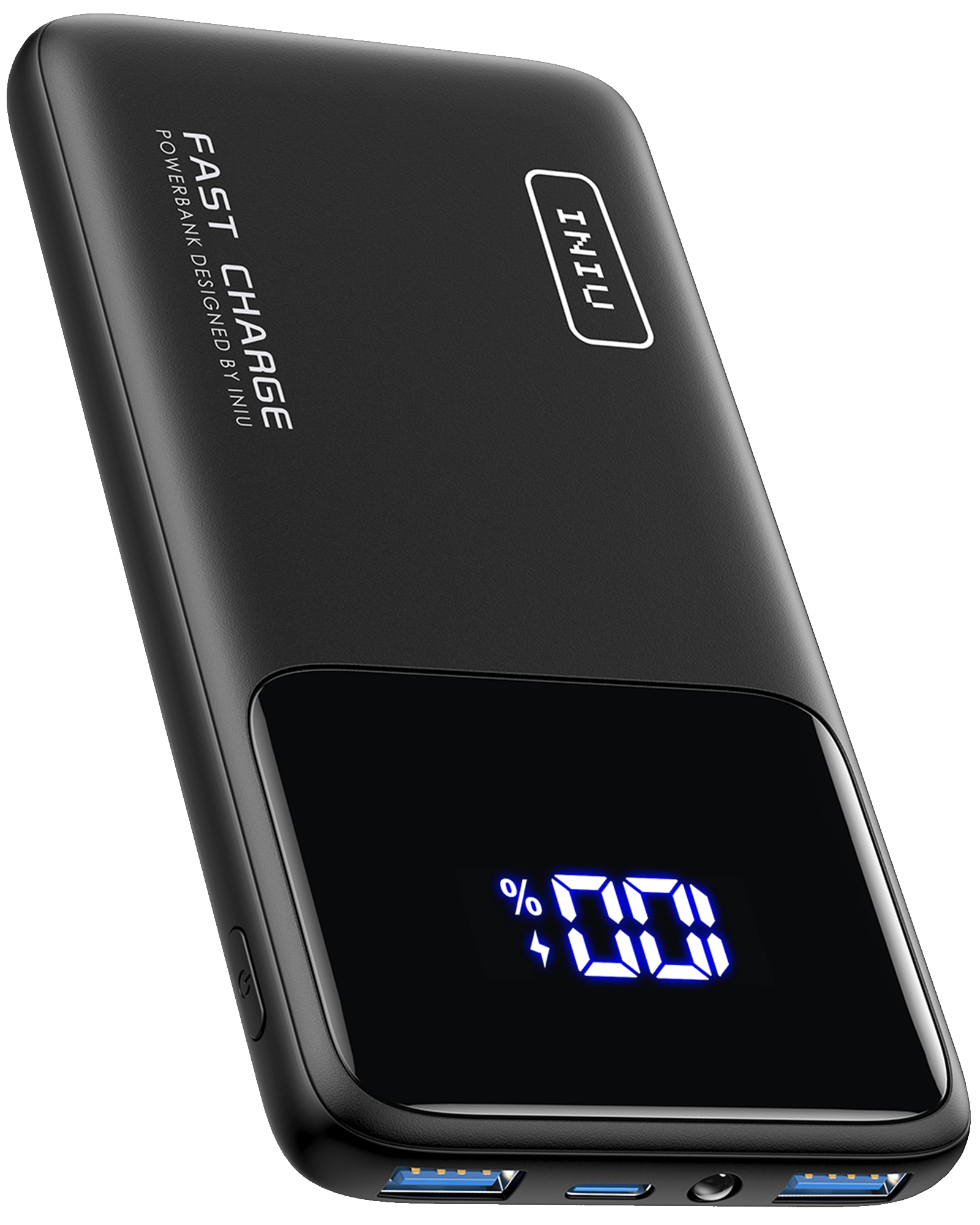 INIU B6 Power Bank - Black power bank with digital display showing charge level and "Fast Charge" text.