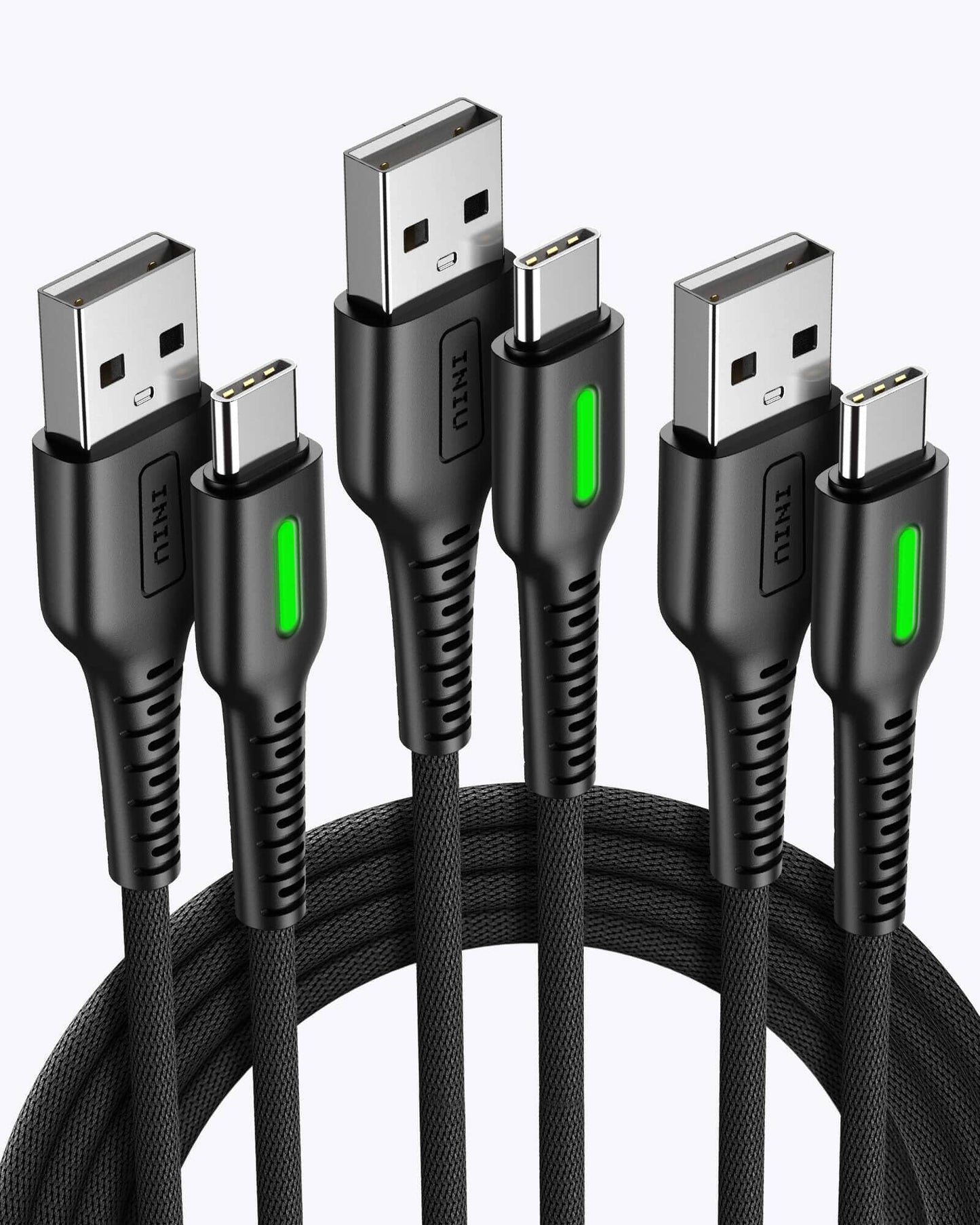 INIU D3C USB C Cable 3-Pack with black braided cables, USB-A to USB-C connectors, and green LED indicator lights.