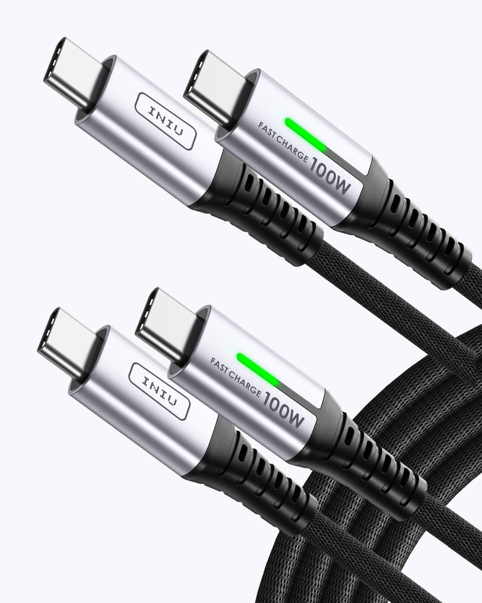 INIU D5CC USB C to C Cable - Silver connectors, 100W Fast Charge, black braided cable.