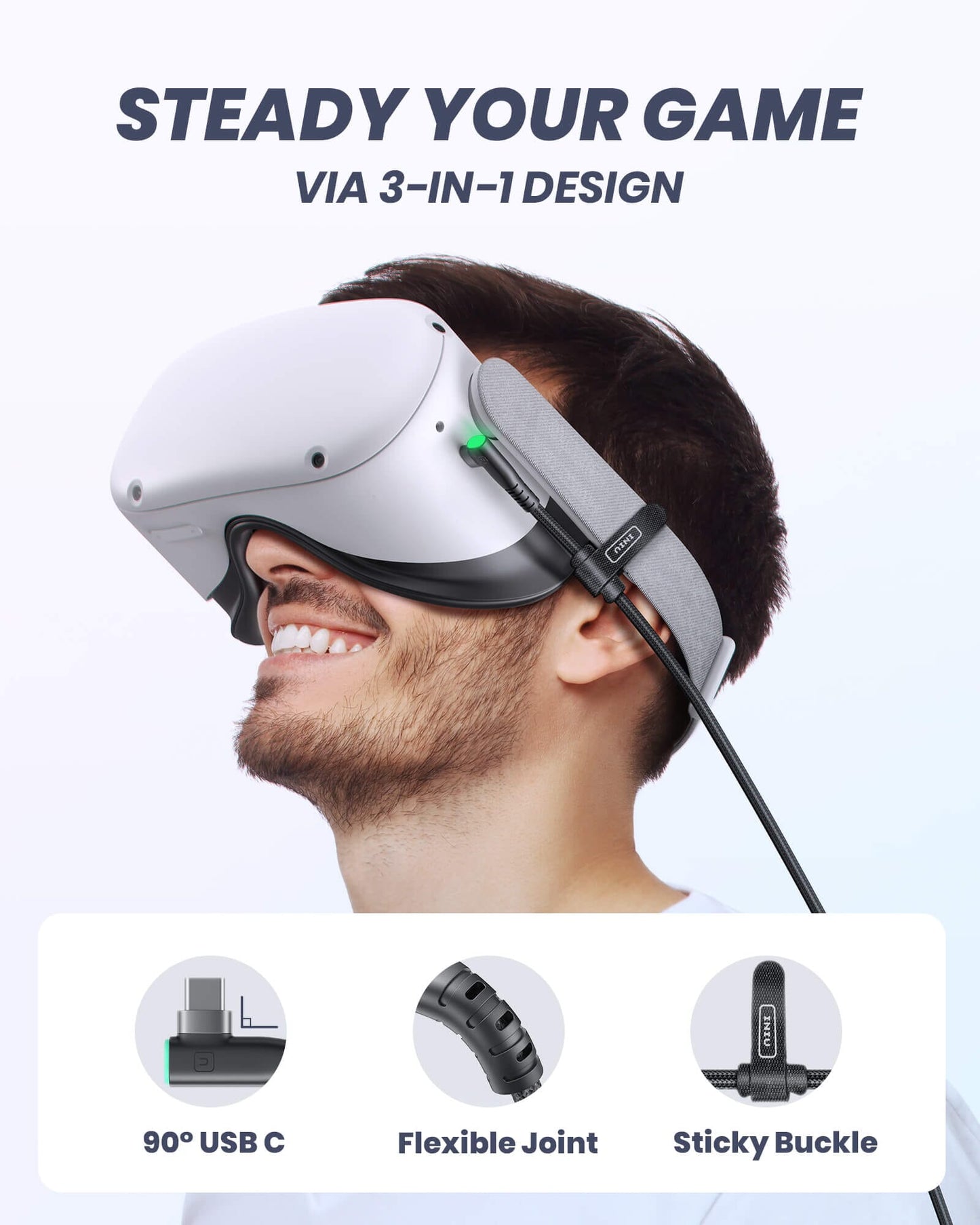 INIU DI401 VR Link Cable with 3-in-1 Design: 90° USB C, Flexible Joint, and Sticky Buckle for steady VR gaming.