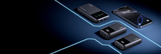 INIU fast charging power banks and iPhone on blue background, showcasing charging technology