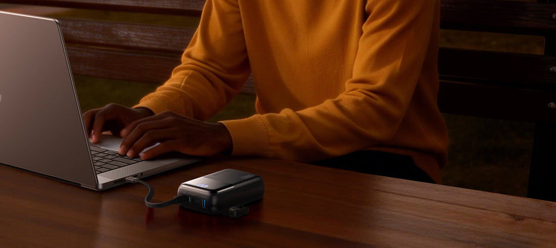 USB-C portable laptop charger on desk