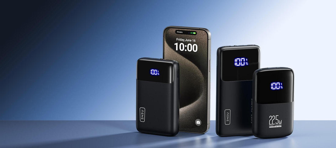 Array of INIU mini portable chargers and iPhone