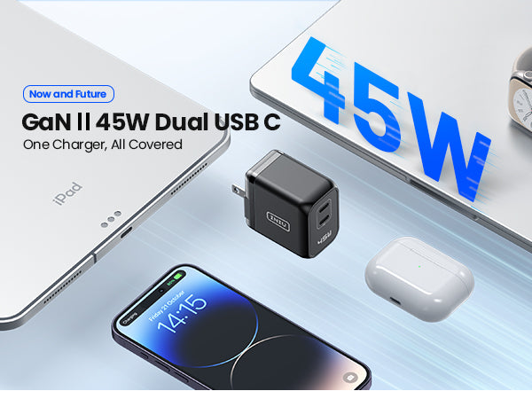 INIU I622 USB C Charger 45W, GaN PD Dual Port Type C Charger Fast Char