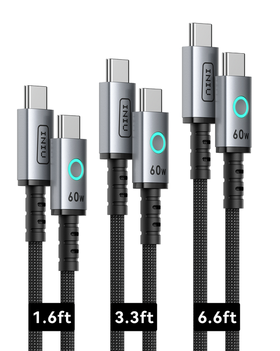 INIU 60W USB C to USB C Cable 3-Pack (1.6ft+3.3ft+6.6ft)