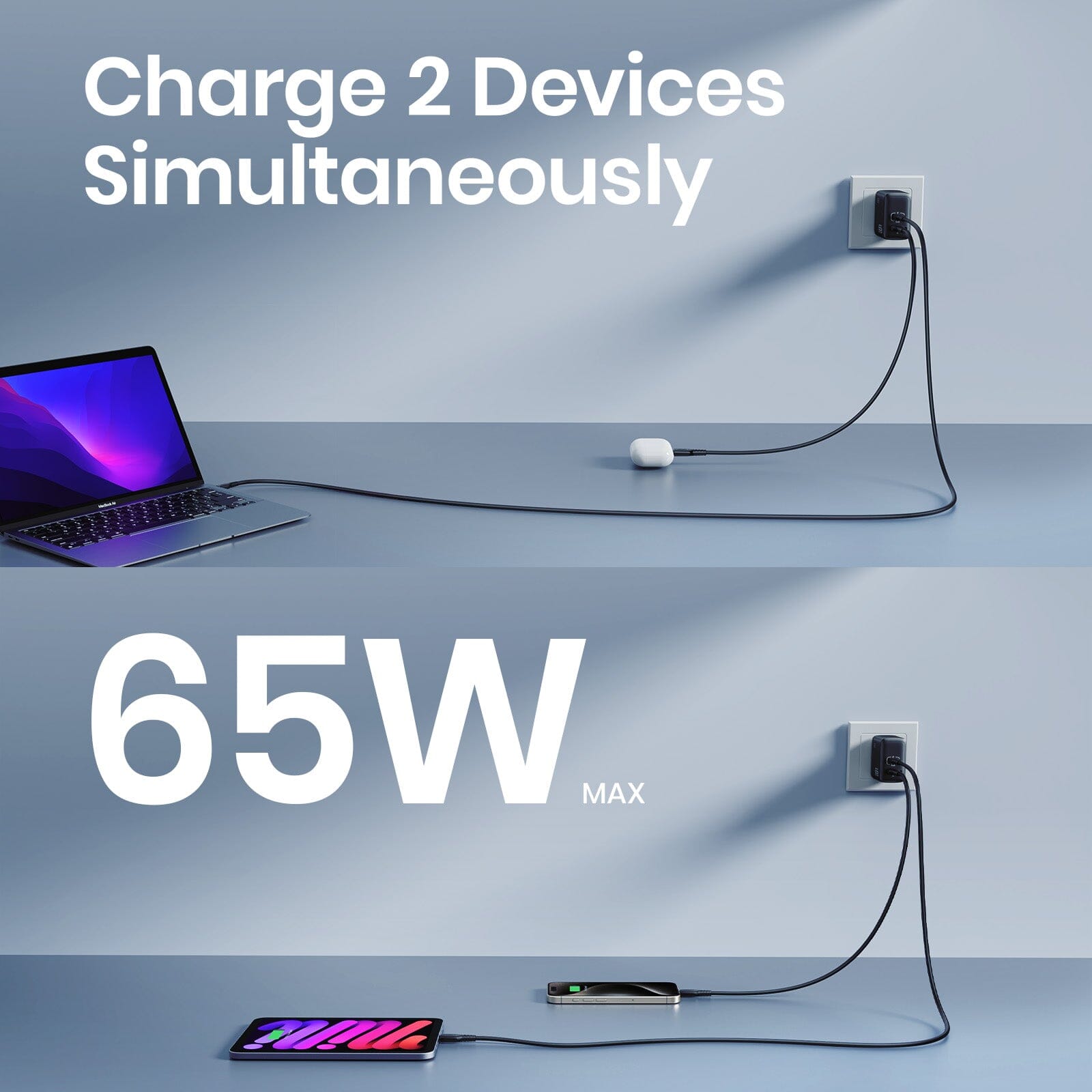 INIU I625 65W USB A+C Ports Wall Charger, GaN Material