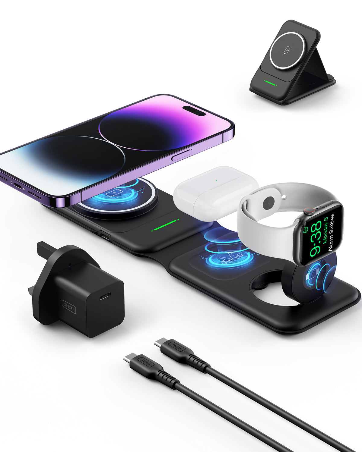 Black 3-in-1 wireless charger for iPhone, AirPods, Apple Watch. Includes adapter & cables. Black Friday deal.