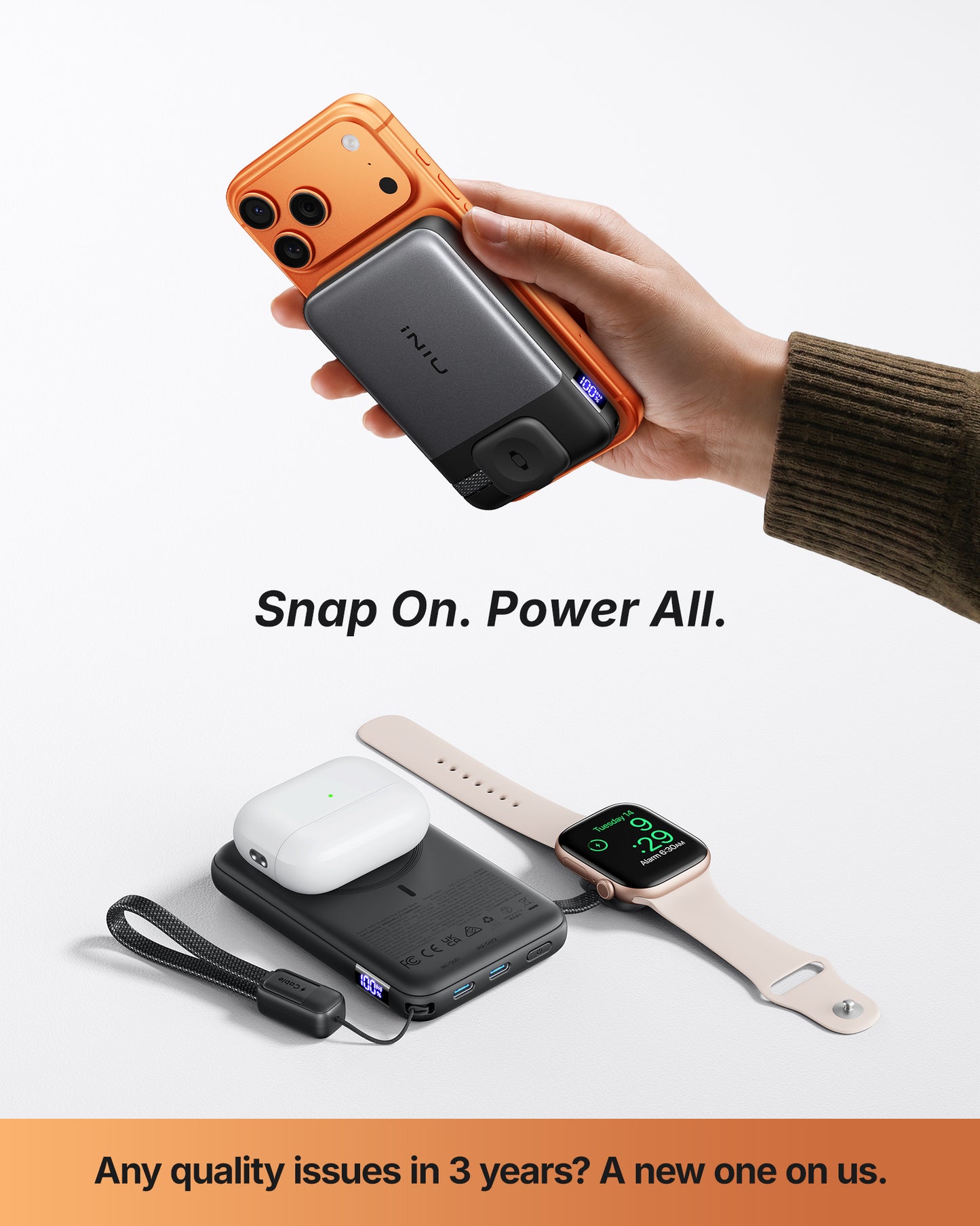 INIU SnapGo Magnetic Power Bank 10000mAh 25W, Qi2.2 MagSafe, Apple Watch Charger