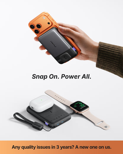 INIU SnapGo Magnetic Power Bank 10000mAh 25W, Qi2.2 MagSafe, Apple Watch Charger