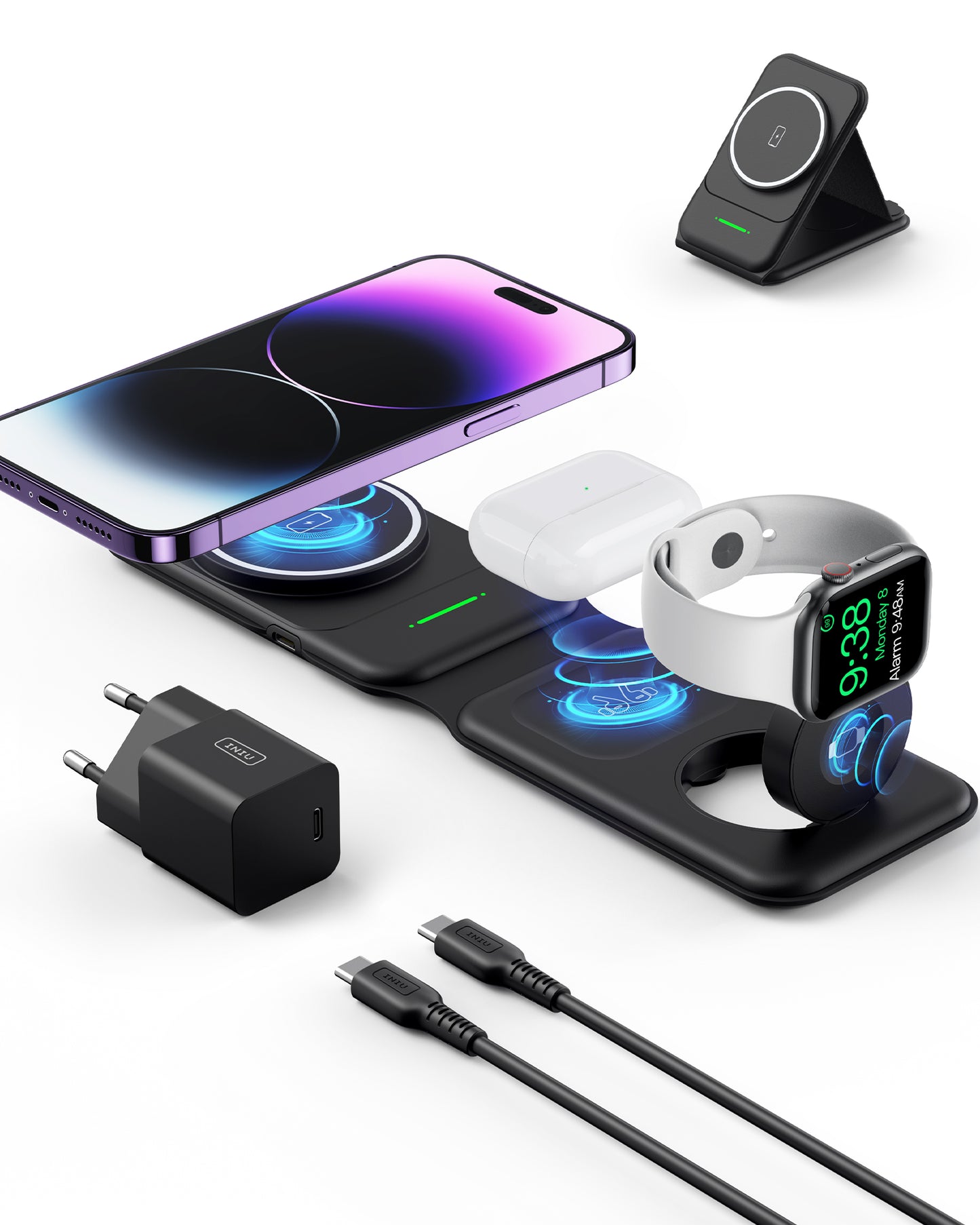 INIU SnapGo WI222 3-in-1 Kabelloses Ladepad und Ständer, 15 W, magnetisch, multifunktional