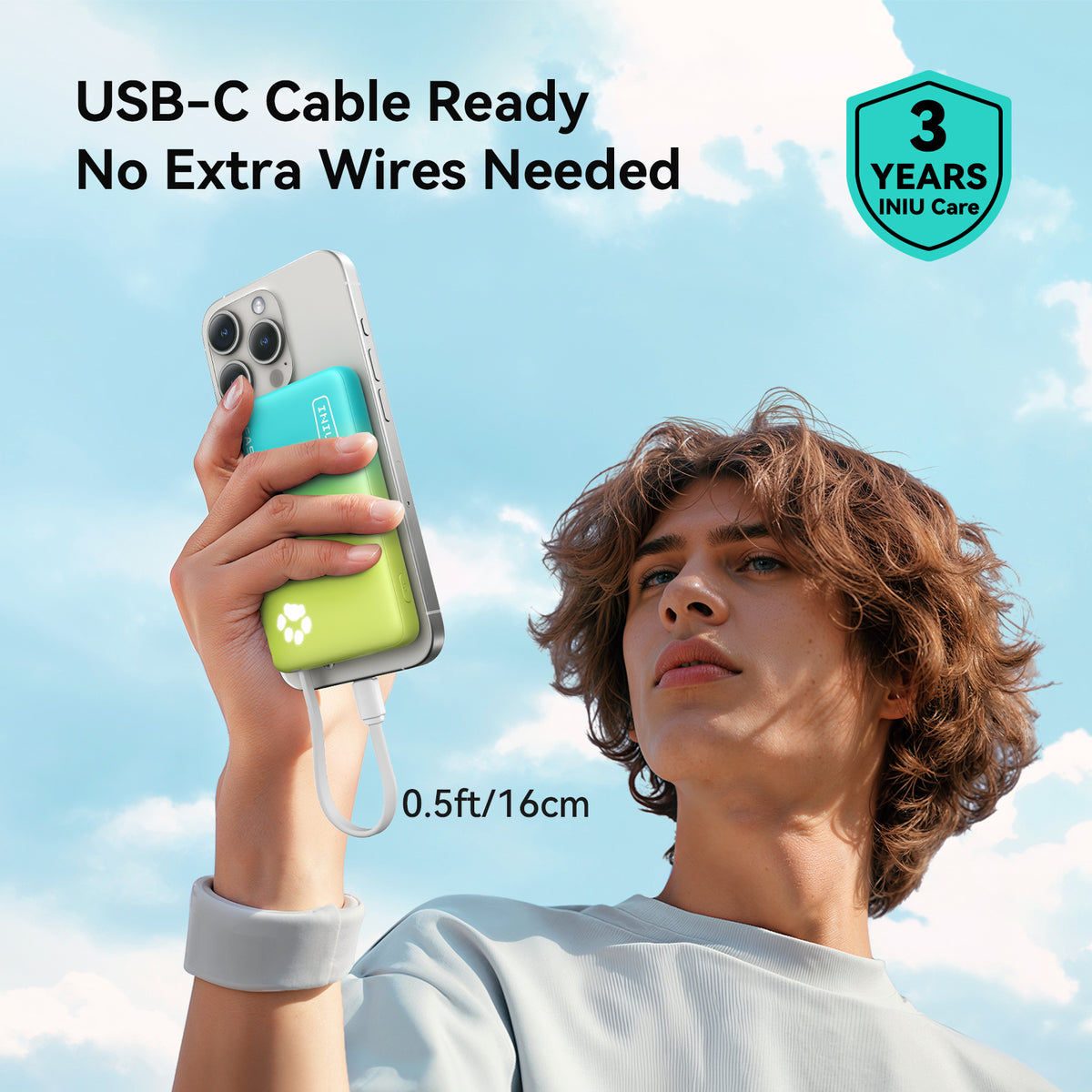 Gradient INIU power bank with built-in USB-C cable charging phone, perfect Black Friday tech gift for men.