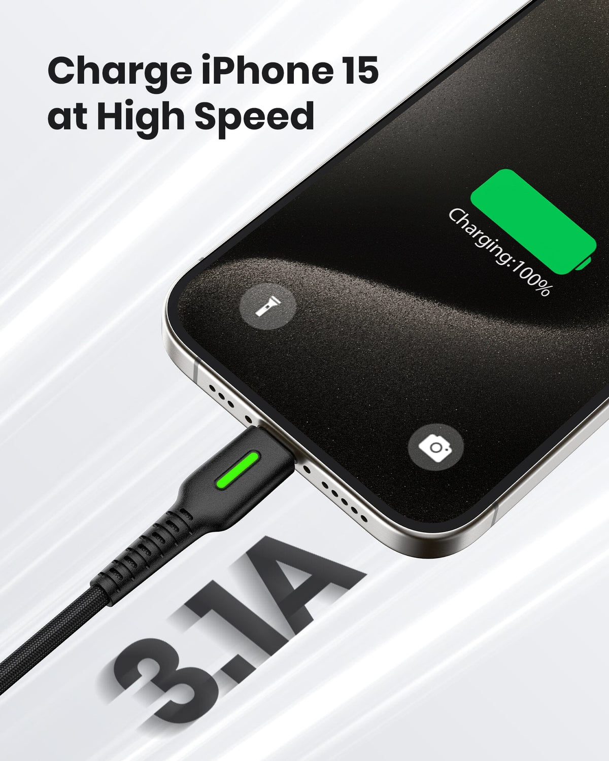 INIU 3.1A fast charging USB C cable with green LED indicator charging a smartphone, Black Friday deals.