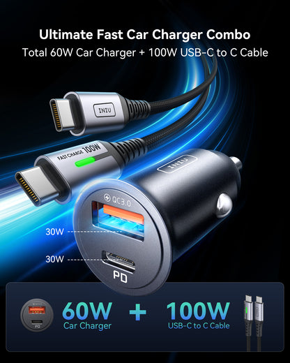 INIU 60-W-Kfz-Ladegerät mit 2 Anschlüssen und 100-W-USB-C-Kabel