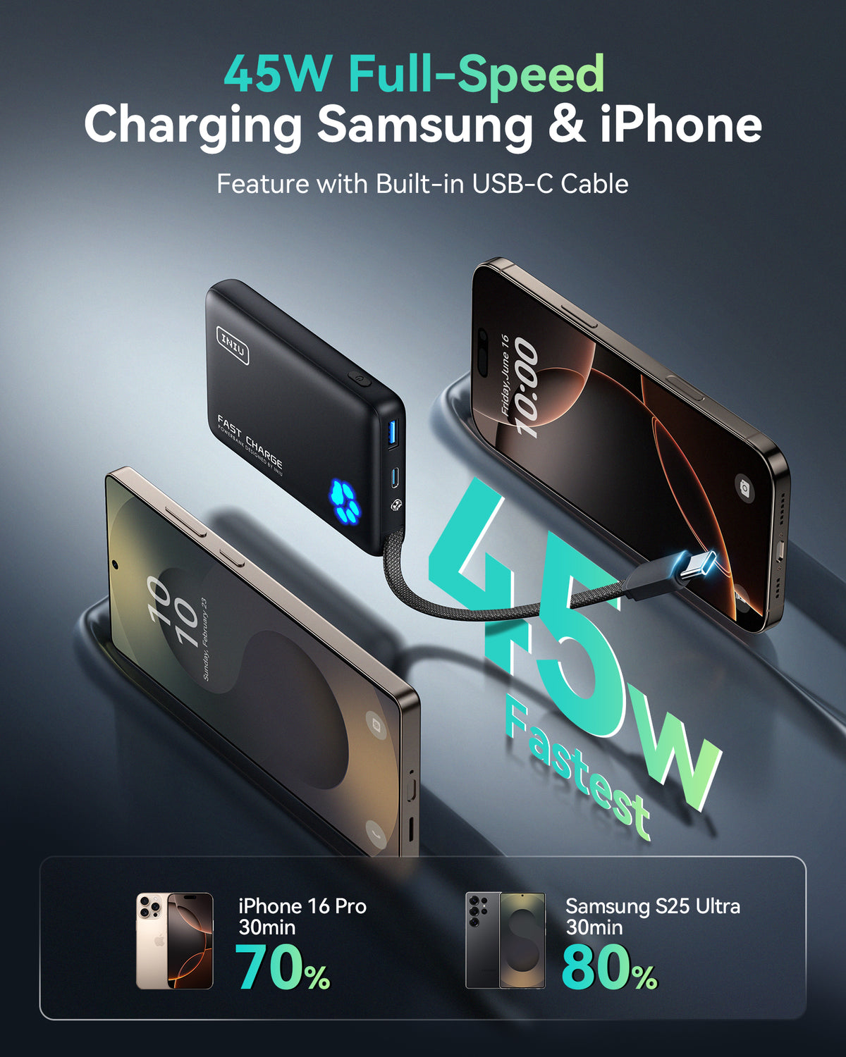 Black INIU 45W power bank with built-in USB-C cable charging iPhone & Samsung. Black Friday electronics deals.