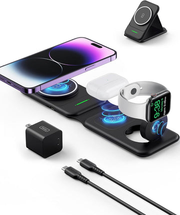INIU Magnetic Foldable 3 in 1 Wireless Charger Compatible MagSafe for iPhone 15/14/13/12 Series, Apple Watch, AirPods (with 3.3ft 60W USB C-C Cable and 20W PD Adapter)