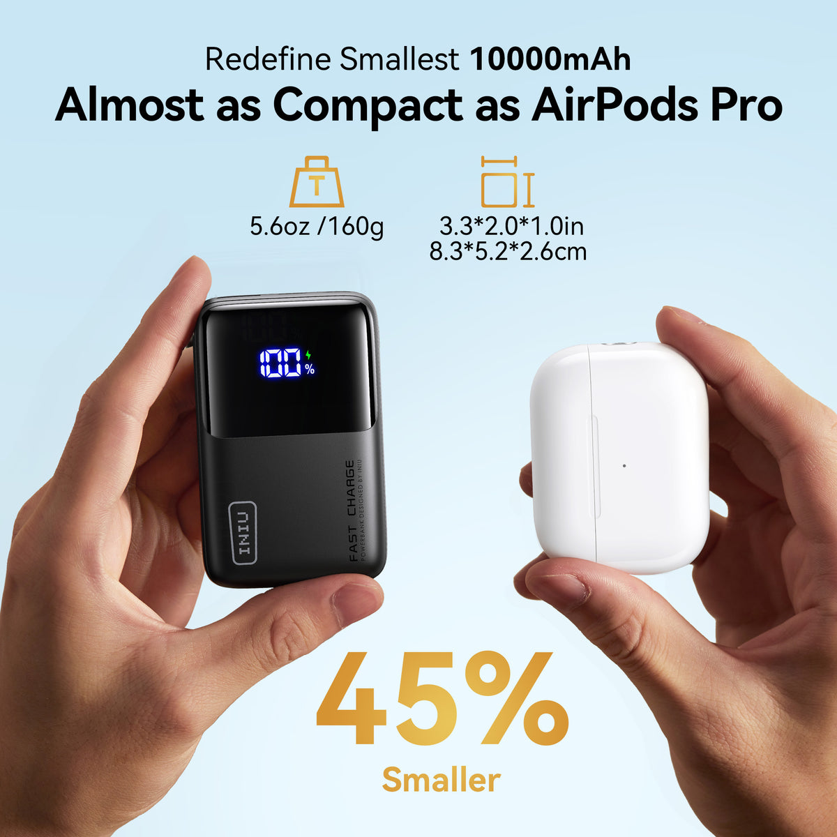 INIU Carry P50-E1 power bank, ultra-compact design, comparable to AirPods Pro, displaying 100% charge with Fast Charge.