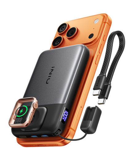 INIU SnapGo Magnetic Power Bank 10000mAh 25W, Qi2.2 MagSafe, Apple Watch Charger