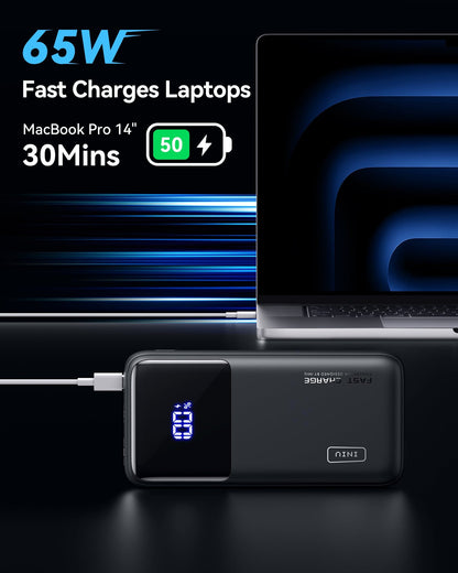 INIU B62 Power Bank,20000mAh 65W USB C Laptop Portable Charger, PD QC Fast Charging 3-Output