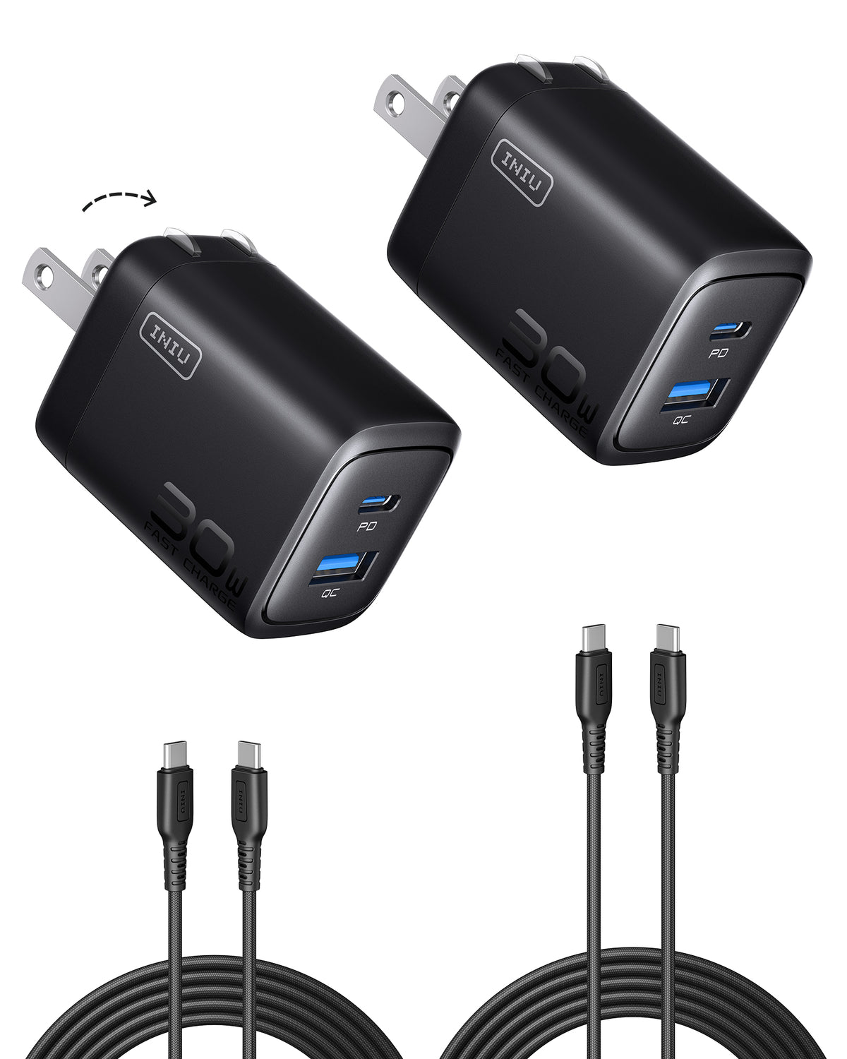 Two black INIU 30W dual-port chargers & USB-C cables. Black Friday tech gifts for men.