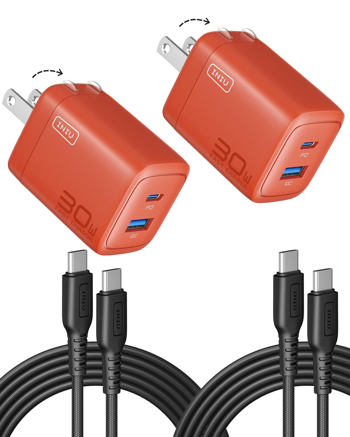 Two orange INIU 30W dual-port fast chargers with USB-C cables. Black Friday deals on tech gifts for men, chargers on sale.