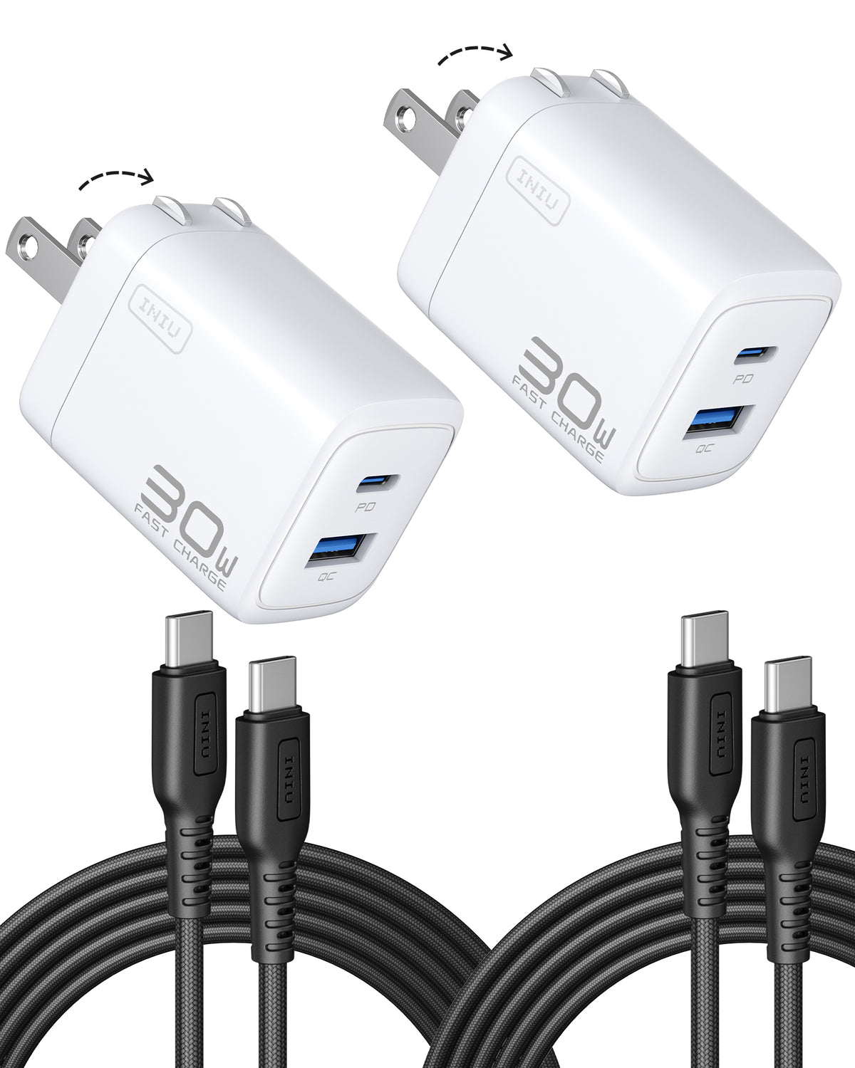 Two white INIU 30W dual port chargers & USB-C cables. Black Friday tech gifts for men, sale on chargers.