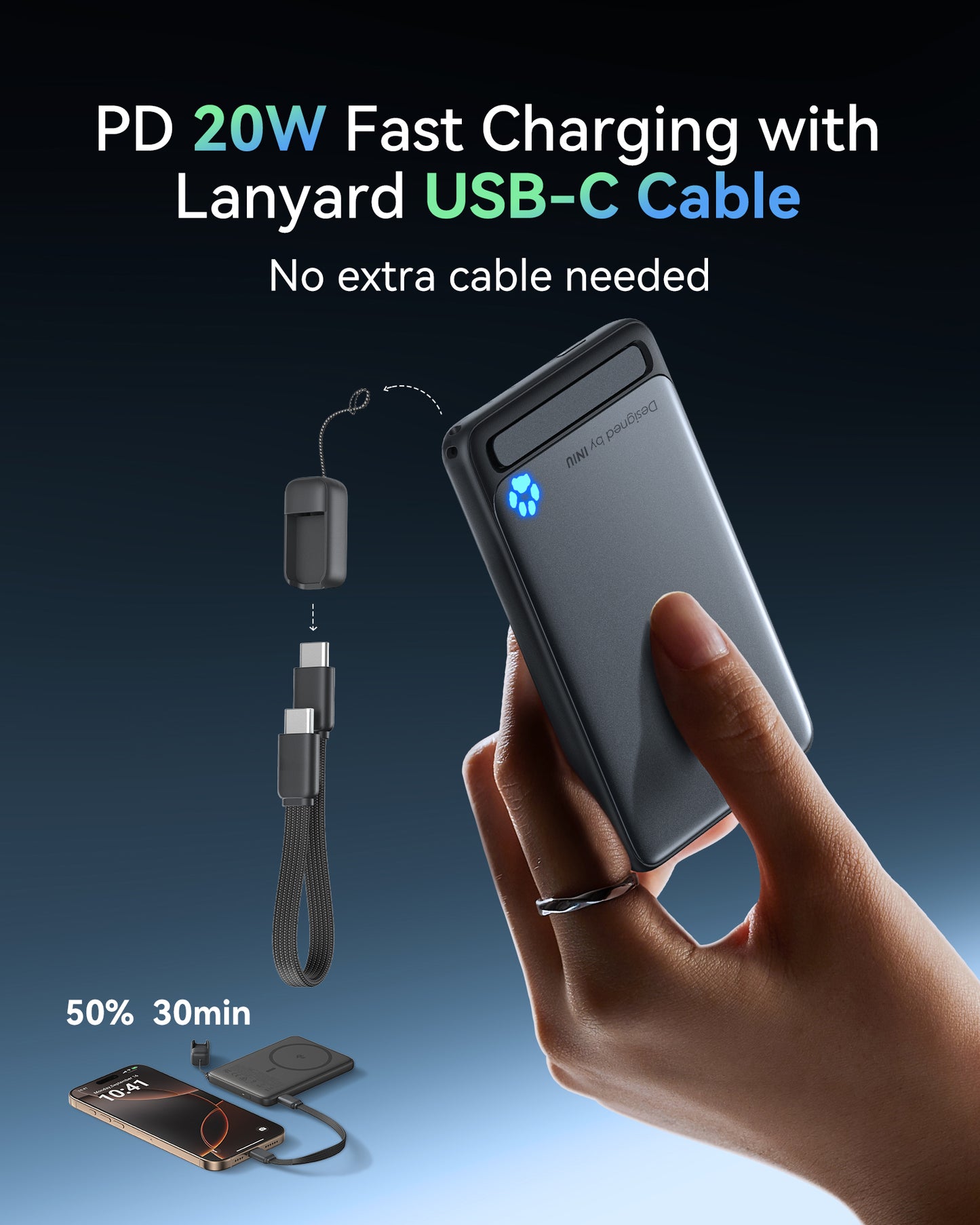 INIU Powerbank SnapGo P71-E1 Magsafe Qi2 15 W, najcieńszy, 5000 mAh