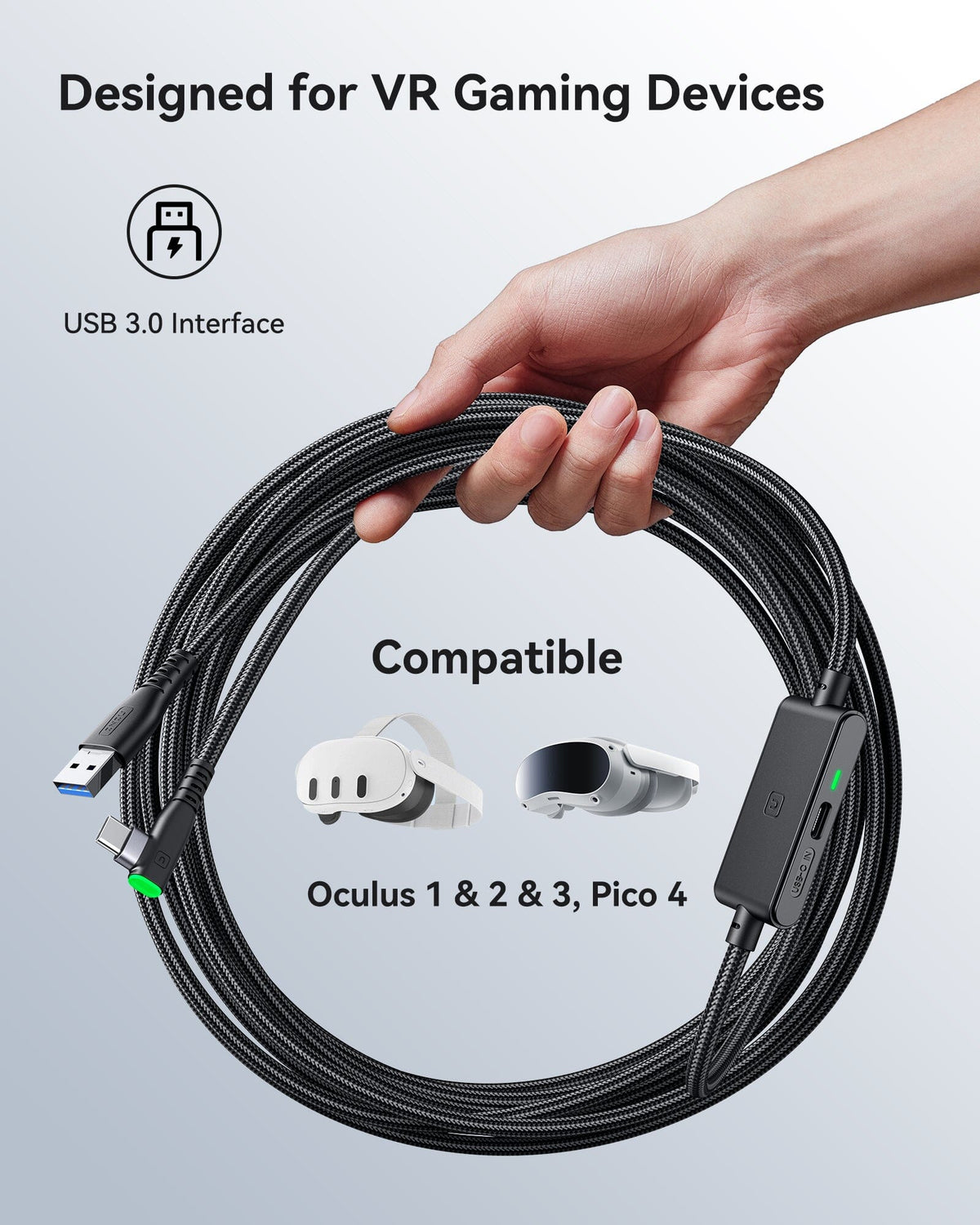INIU DI401 VR Link Cable for Oculus 1/2/3 & Pico 4, black braided cable for VR gaming.