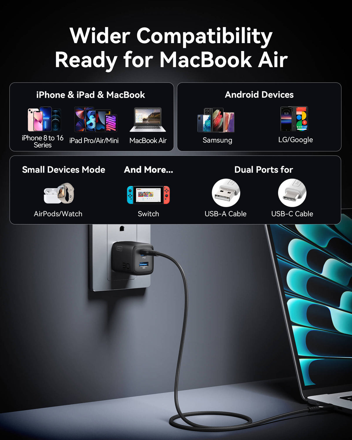 INIU black dual port charger, powers laptop & more. Black Friday tech gifts, power banks, wireless chargers.