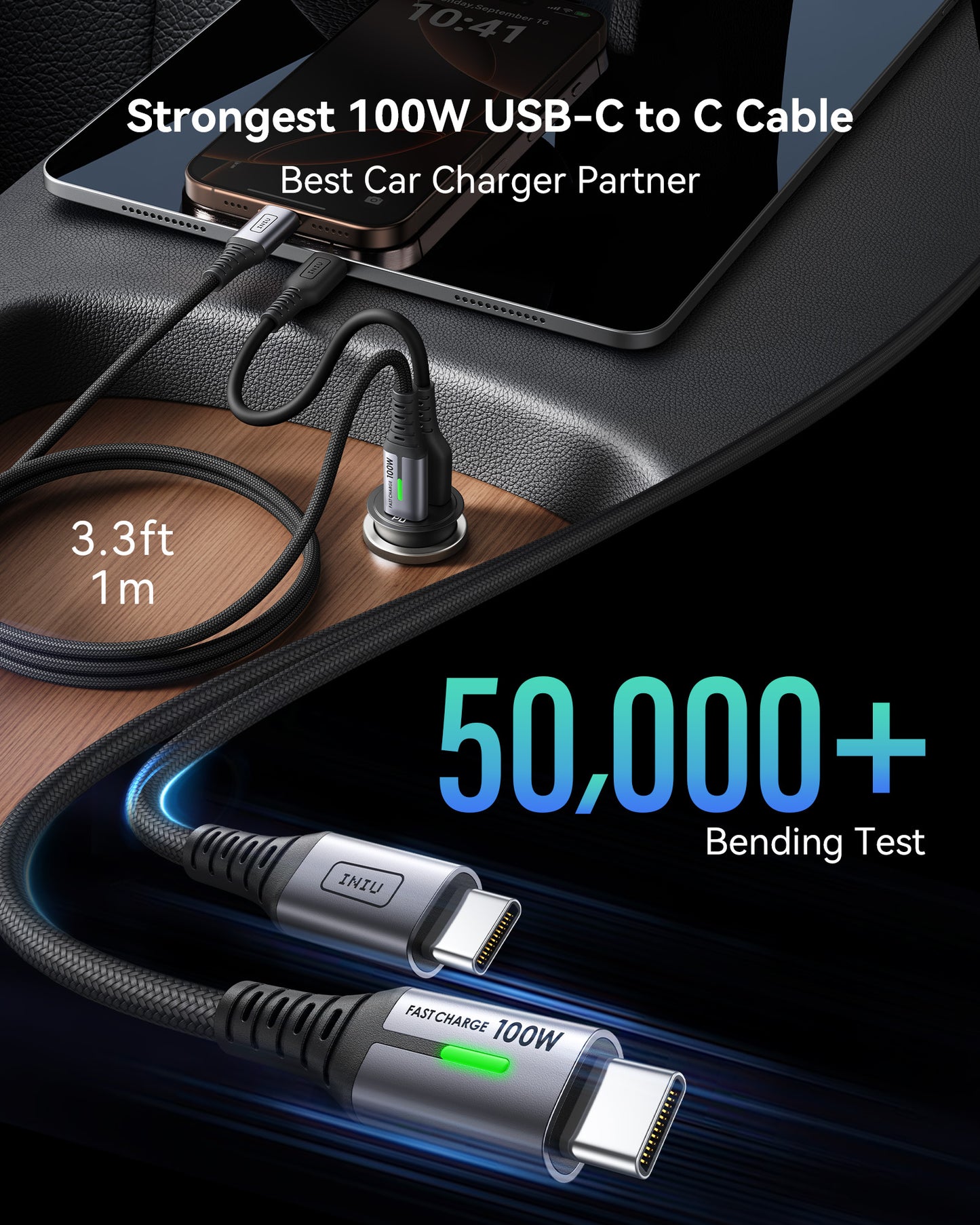 INIU 60-W-Kfz-Ladegerät mit 2 Anschlüssen und 100-W-USB-C-Kabel