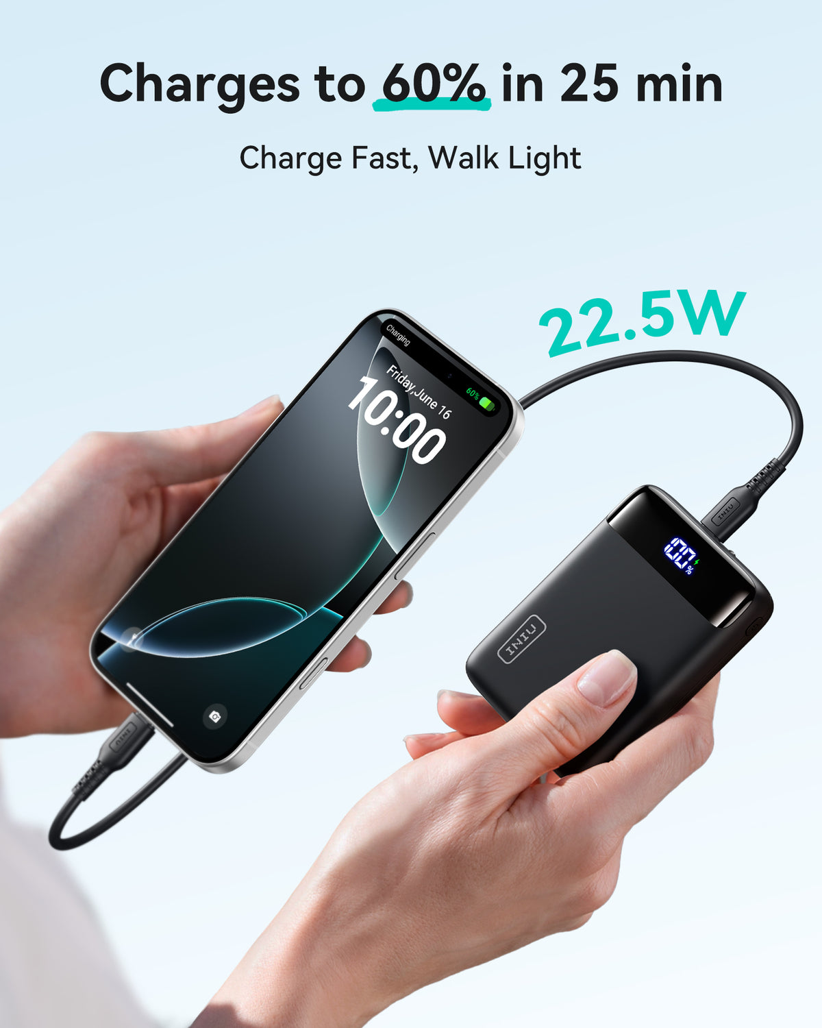 INIU 20000mAh power bank with 22.5W fast charging, shows 100% charge. Black Friday deals on tech gifts for men.