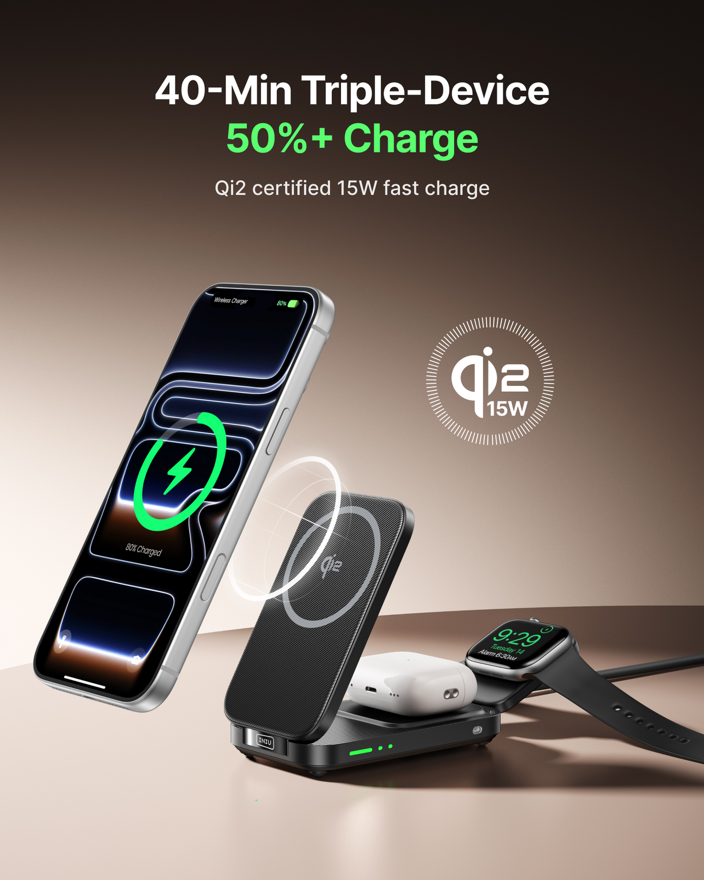 INIU SnapGo W31 Qi2 15W 三合一磁吸折疊無線充電器