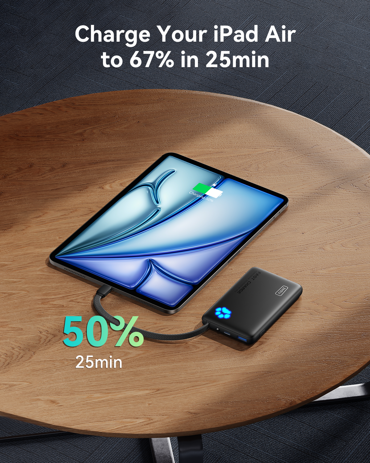 Black INIU power bank with paw logo fast charging iPad Air 50% in 25min. Black Friday deals on power banks for phones.