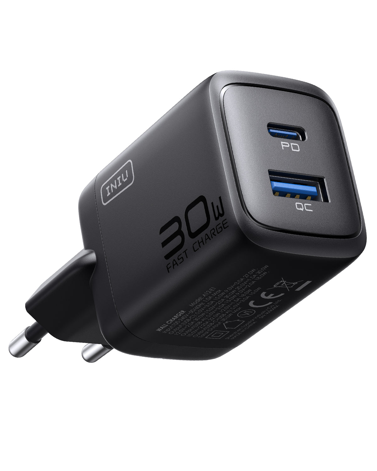 Black INIU 30W dual port charger, USB-C PD & USB-A QC. Foldable plug for Black Friday tech gifts.