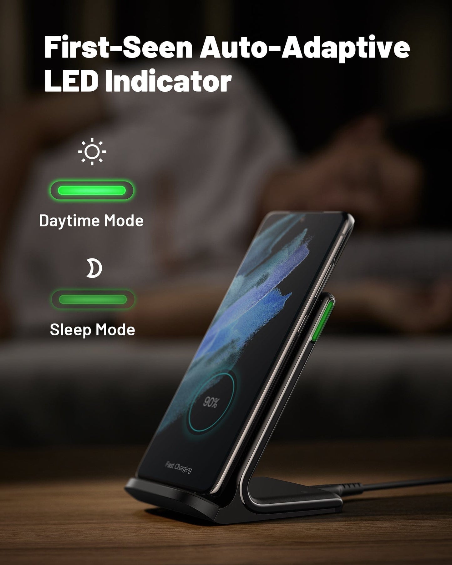 Cargador inalámbrico certificado Qi-Certified de INIU I211 15W con luz adaptable para dormir, compatible con iPhone 14 13 12 Pro Samsung S21 Google LG iPad Tablet, etc.