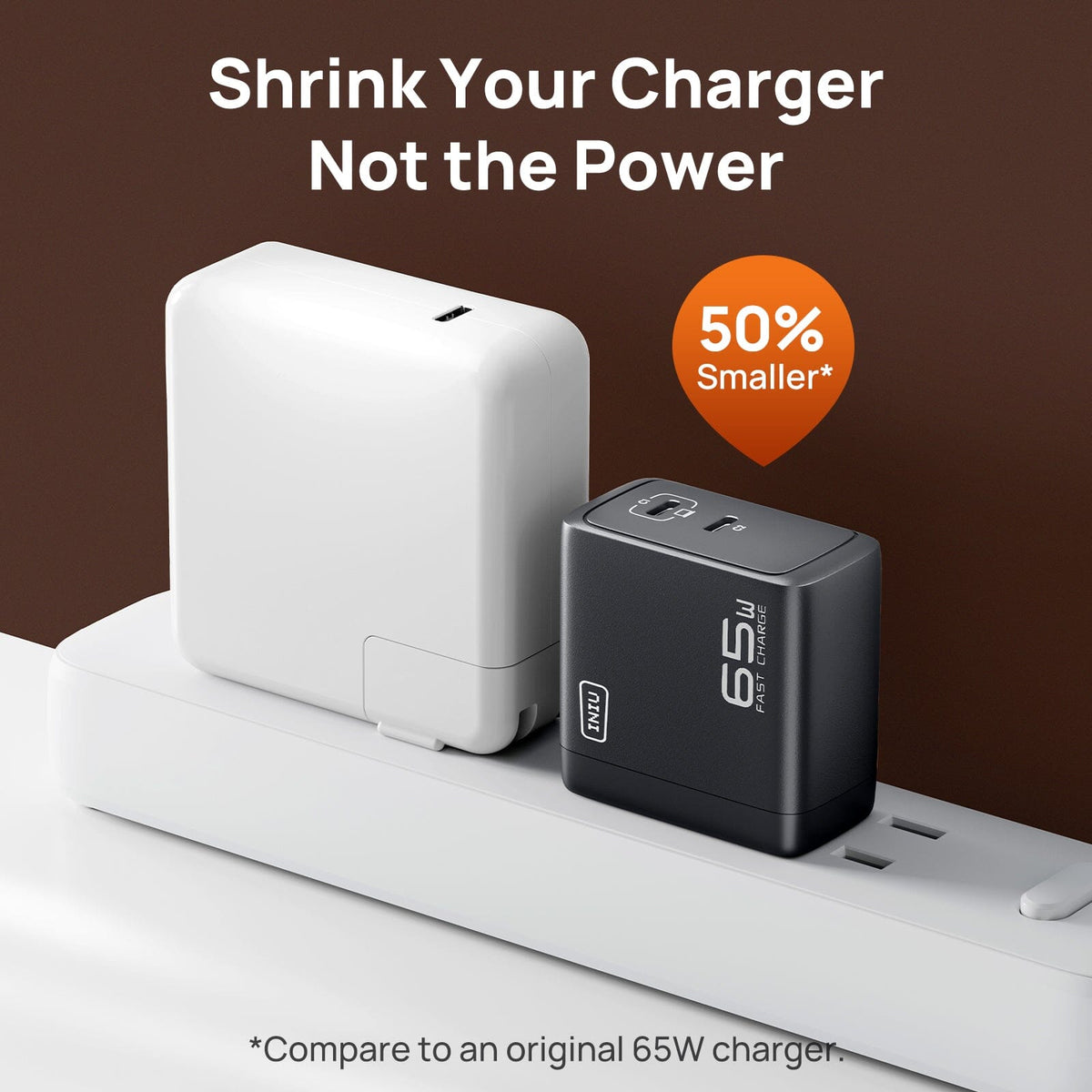 INIU I624 65W Fast Charger, black, compact design, 50% smaller. Shrink Your Charger, Not the Power.