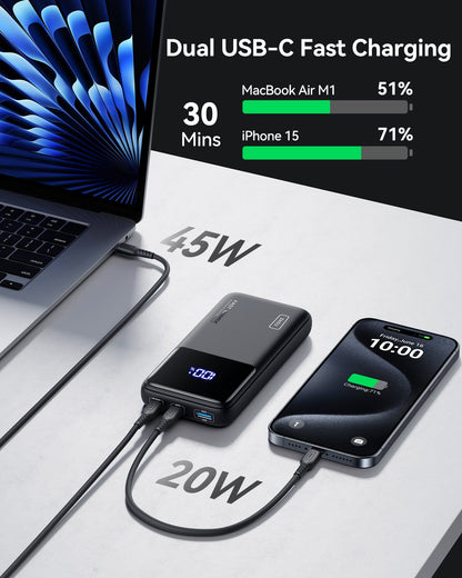 INIU B62 Power Bank,20000mAh 65W USB C Laptop Portable Charger, PD QC Fast Charging 3-Output