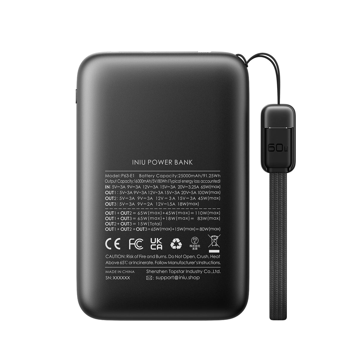 Black INIU P63-E1 power bank 25000mAh 100W, shows USB-C charging cable. Black Friday deals on power banks for phones.