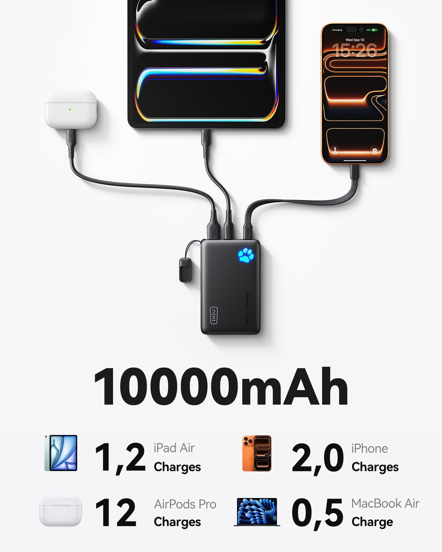 INIU Banco de energía Pawsible P41, carga rápida, 45 W, 10 000 mAh